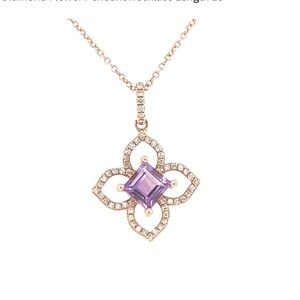 14 Kt Gold Amethyst and Diamond Flower Pendant Necklace 16”
